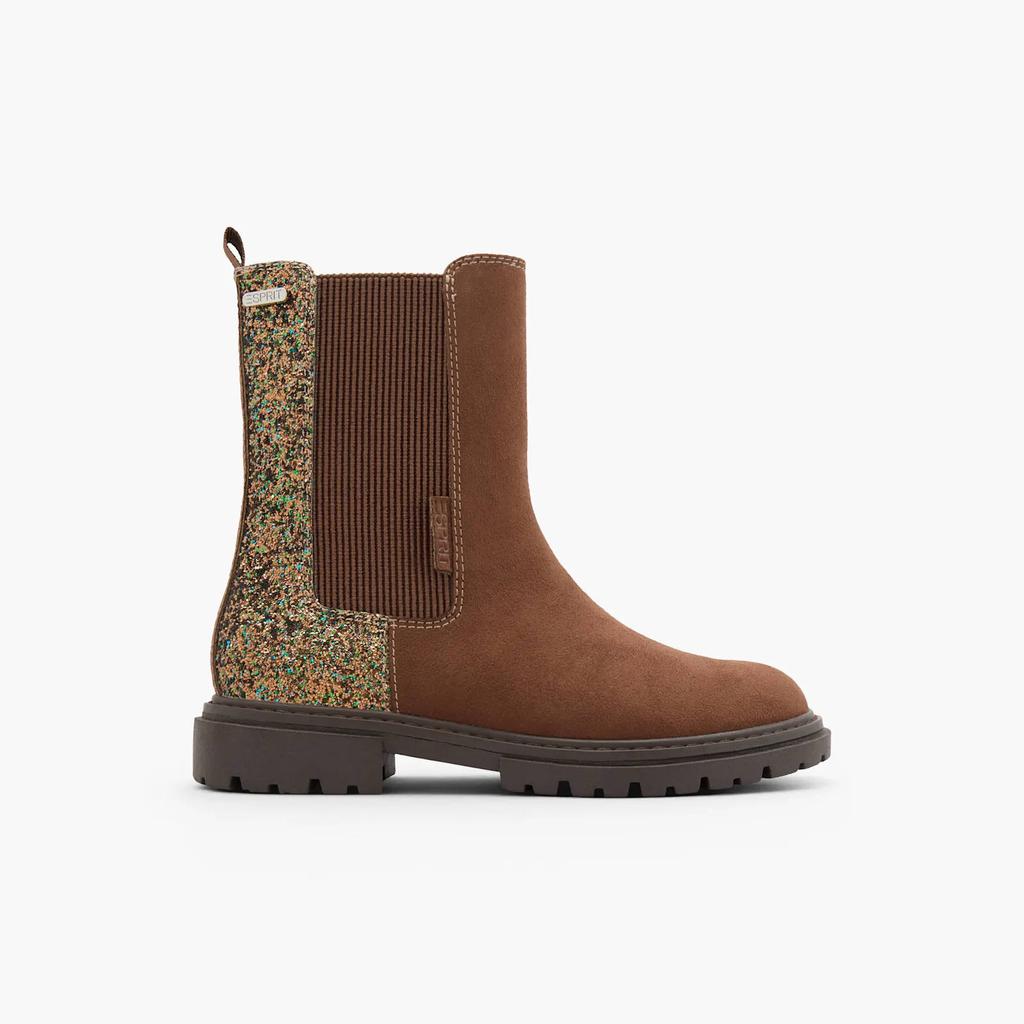 ESPRIT suèdelook enkelboots met glitters en profielzool - bruin