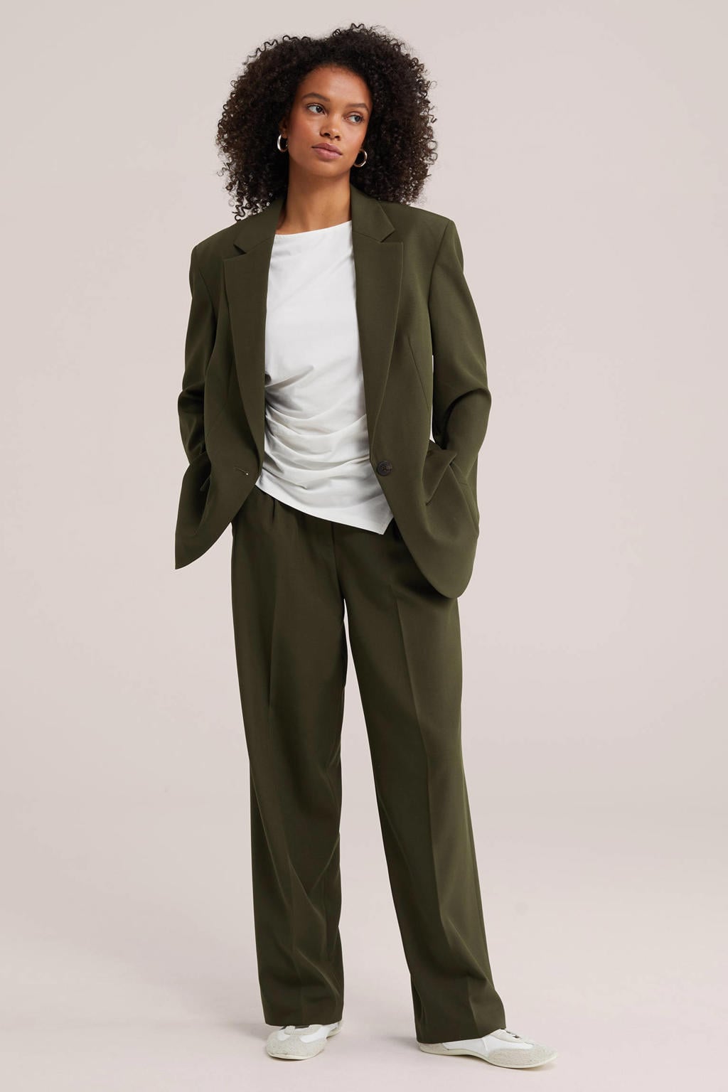 Groene dames WE Fashion broek van polyester met wijde pijpen, regular waist, rits, haak- en knoopsluiting en effen