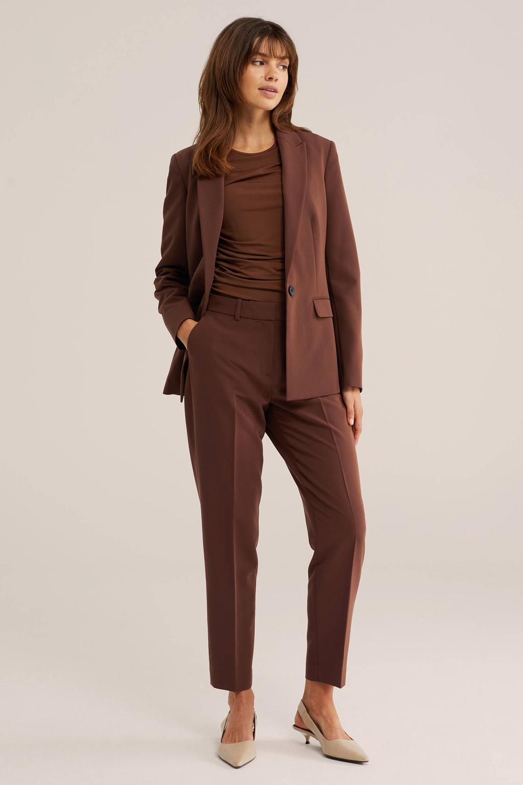 Bruine dames WE Fashion getailleerde blazer van polyester met effen, lange mouwen, reverskraag, knoopsluiting en geweven detail