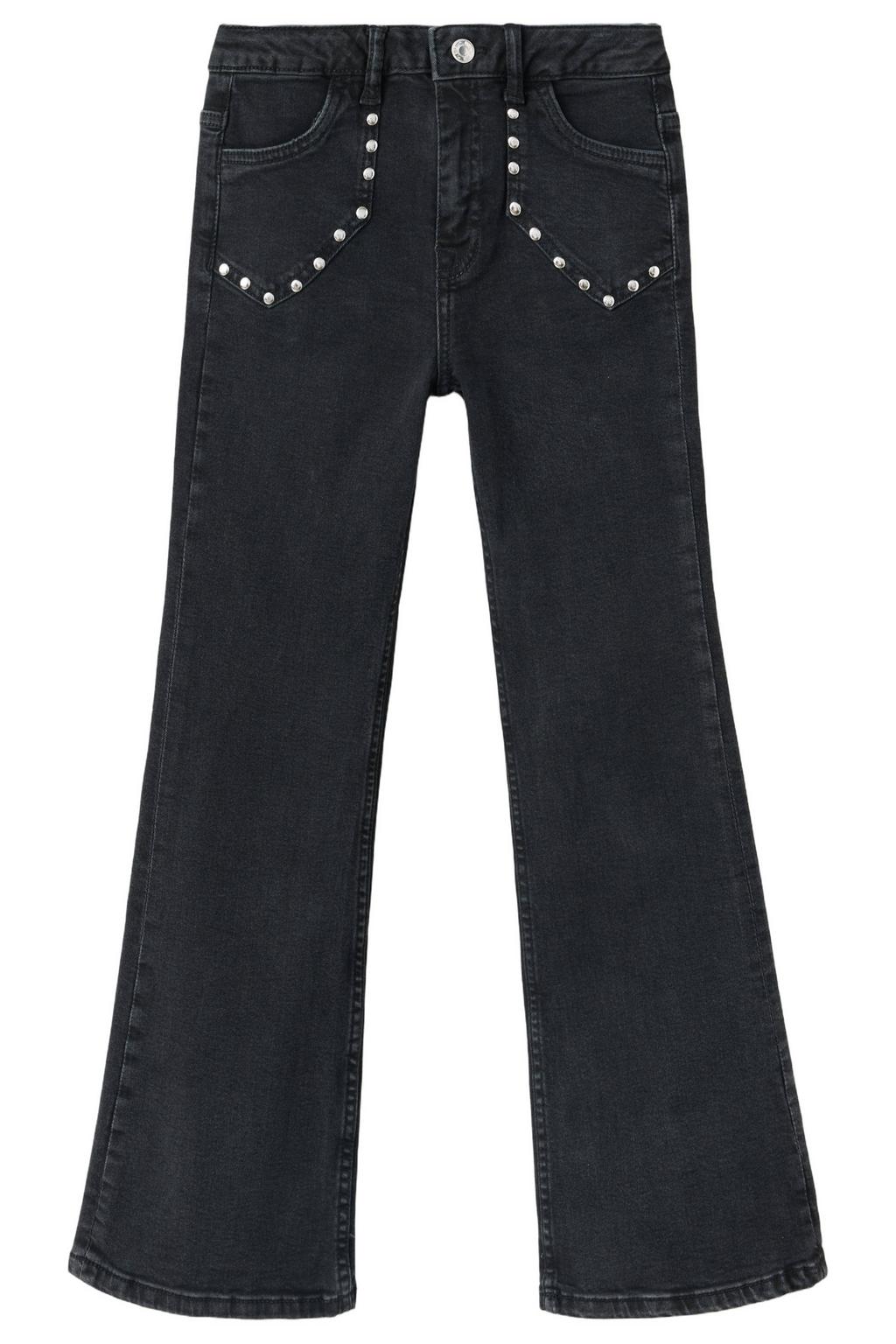 Black denim meisjes Mango Kids flared jeans van denim met regular waist, rits- en knoopsluiting en effen
