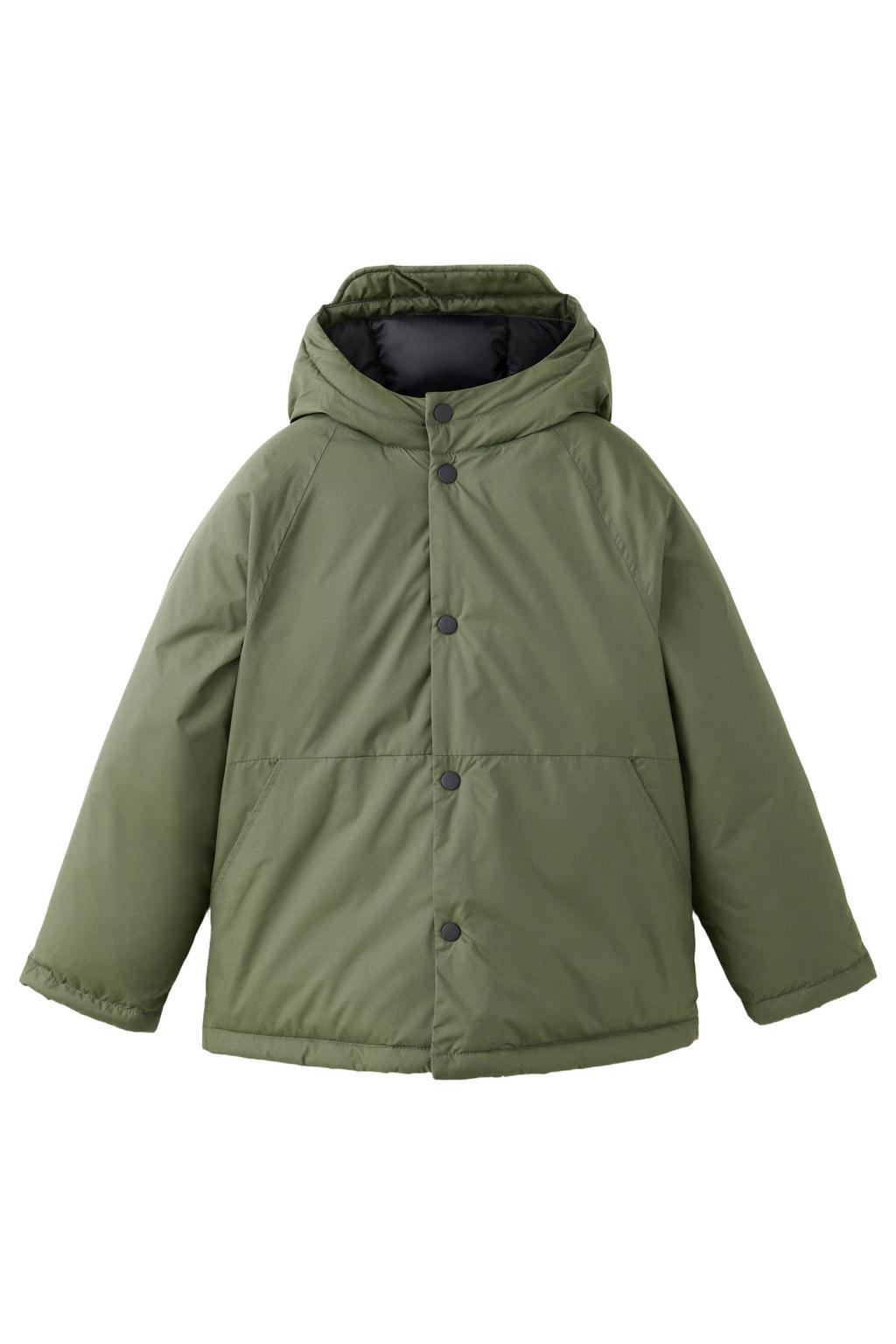 Kakikleurige jongens Mango Kids gewatteerde winterjas van polyester met effen, lange mouwen, capuchon en rits- en drukknoopsluiting