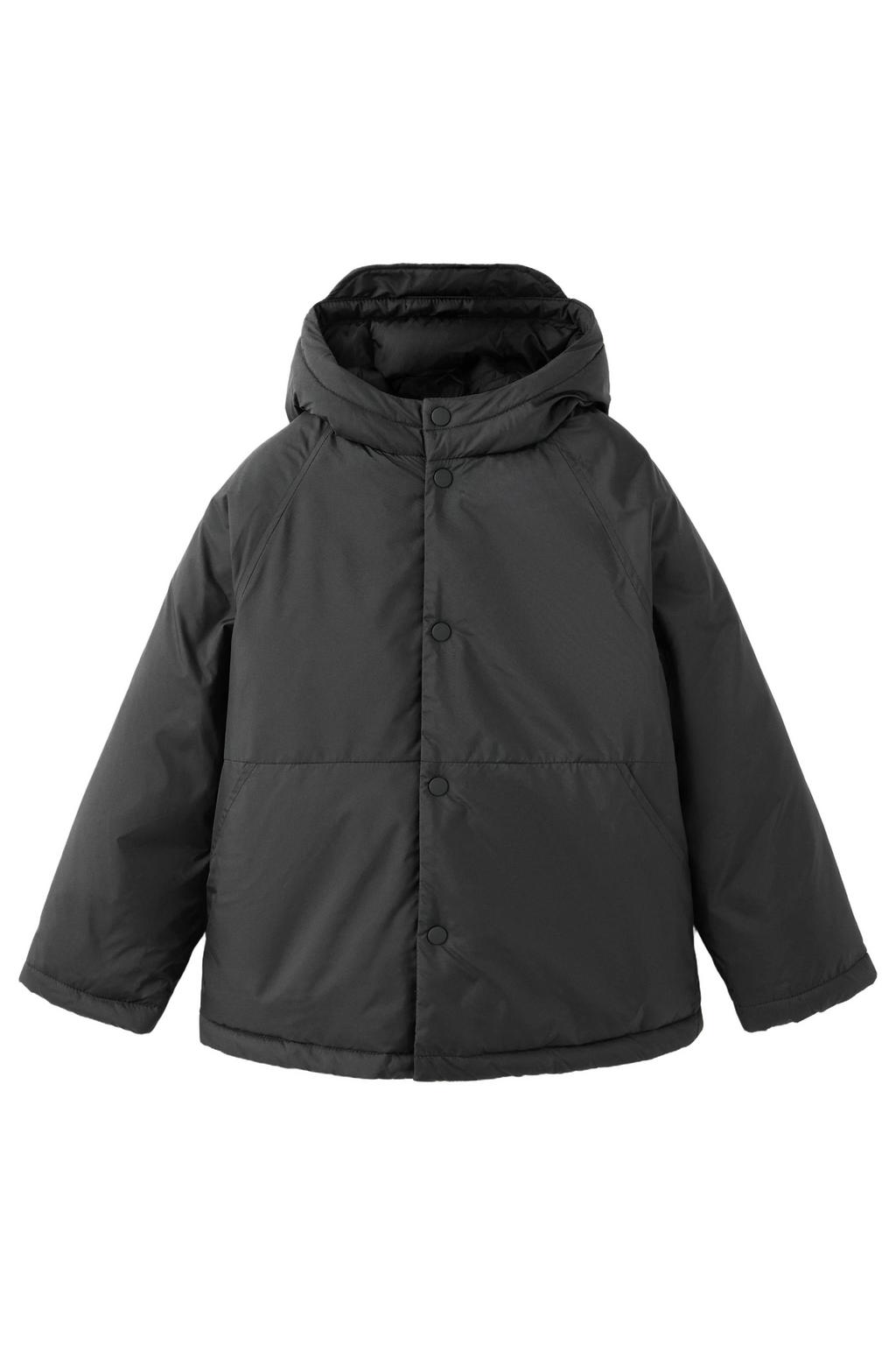Zwarte jongens Mango Kids gewatteerde winterjas van polyester met effen, lange mouwen, capuchon en rits- en drukknoopsluiting