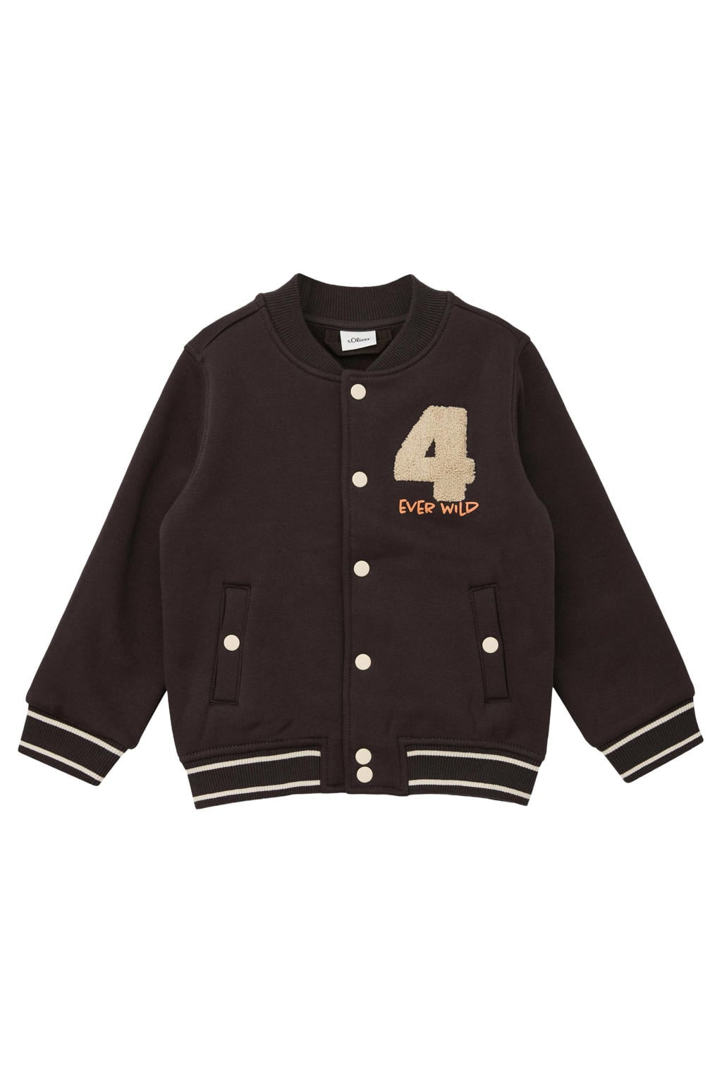 Donkerblauwe jongens s.Oliver baseball jacket van polyester met effen, lange mouwen, ronde hals en drukknoopsluiting