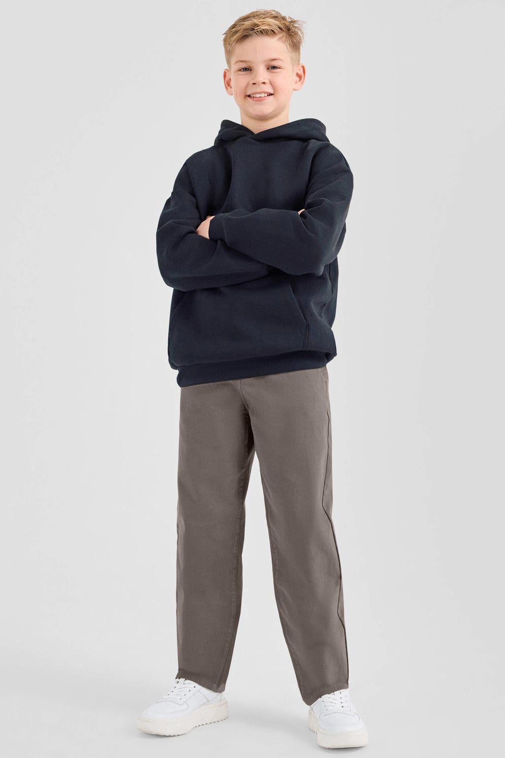 Donkerblauwe jongens s.Oliver casual broek van katoen met rits- en knoopsluiting en effen