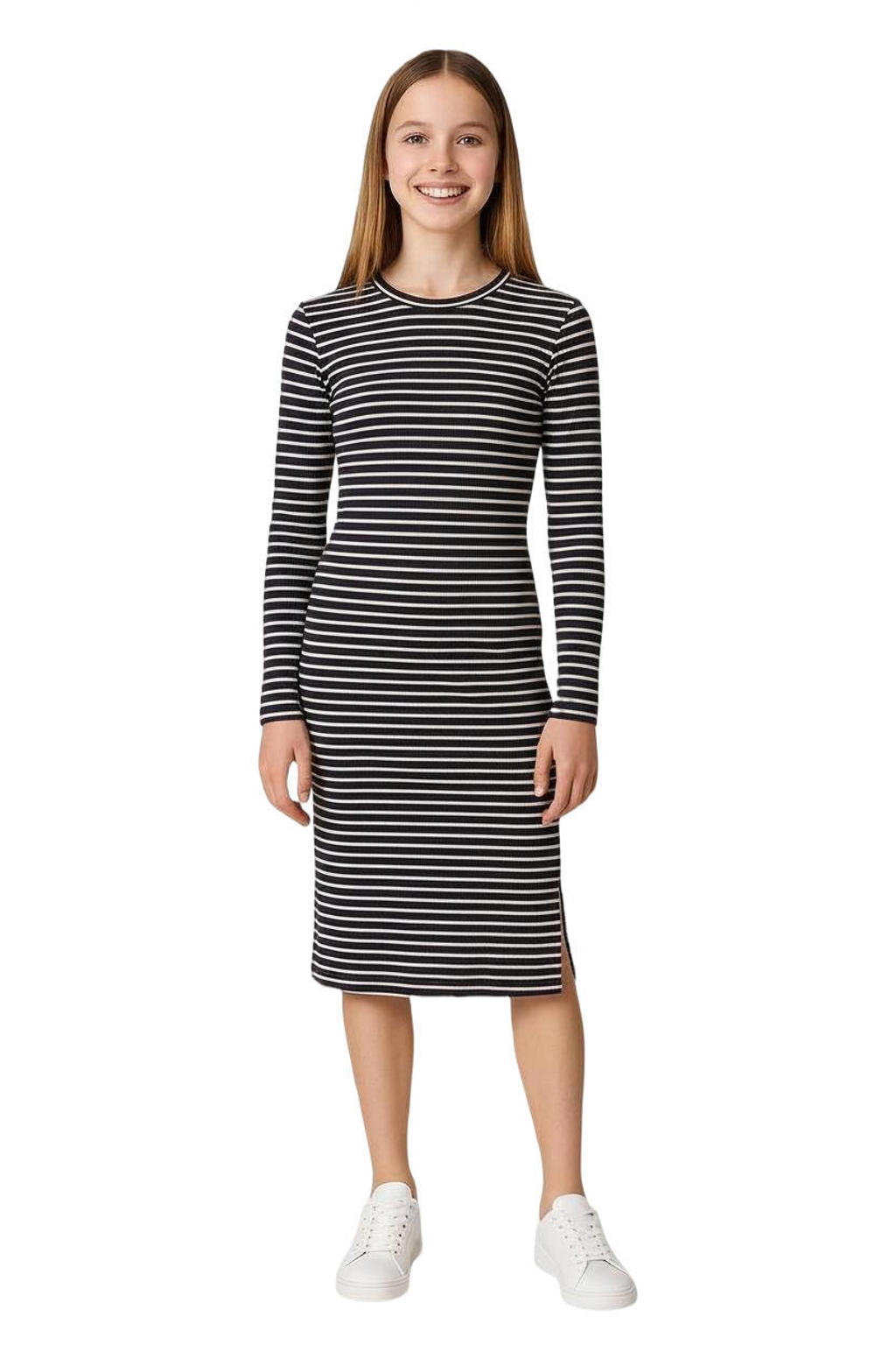 s.Oliver gebreide gestreepte bodycon jurk met split - marineblauw/wit