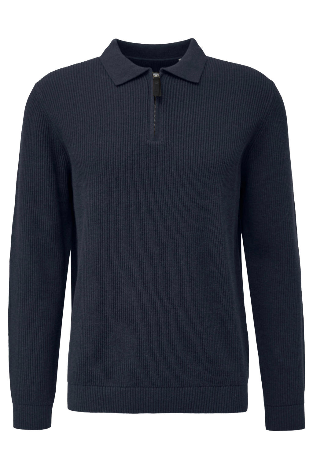 Donkerblauwe heren s.Oliver Big Size Plus Size katoenen regular fit gebreide trui zwart met lange mouwen en polo kraag