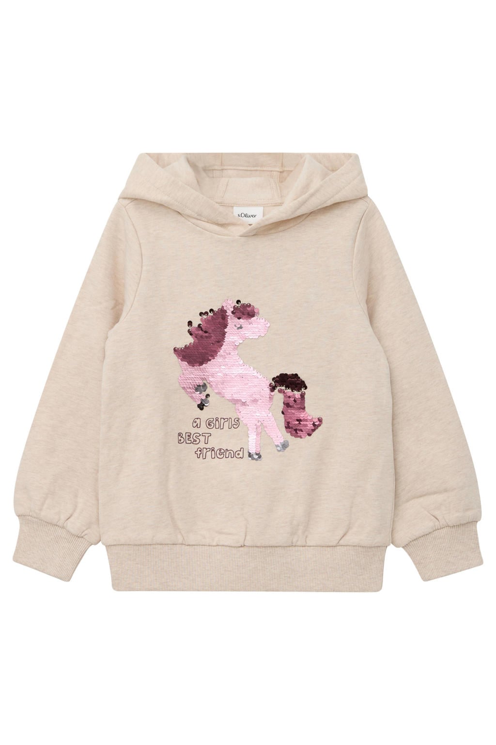 Beige meisjes s.Oliver van sweat materiaal met printopdruk, lange mouwen, capuchon en geribde boorden