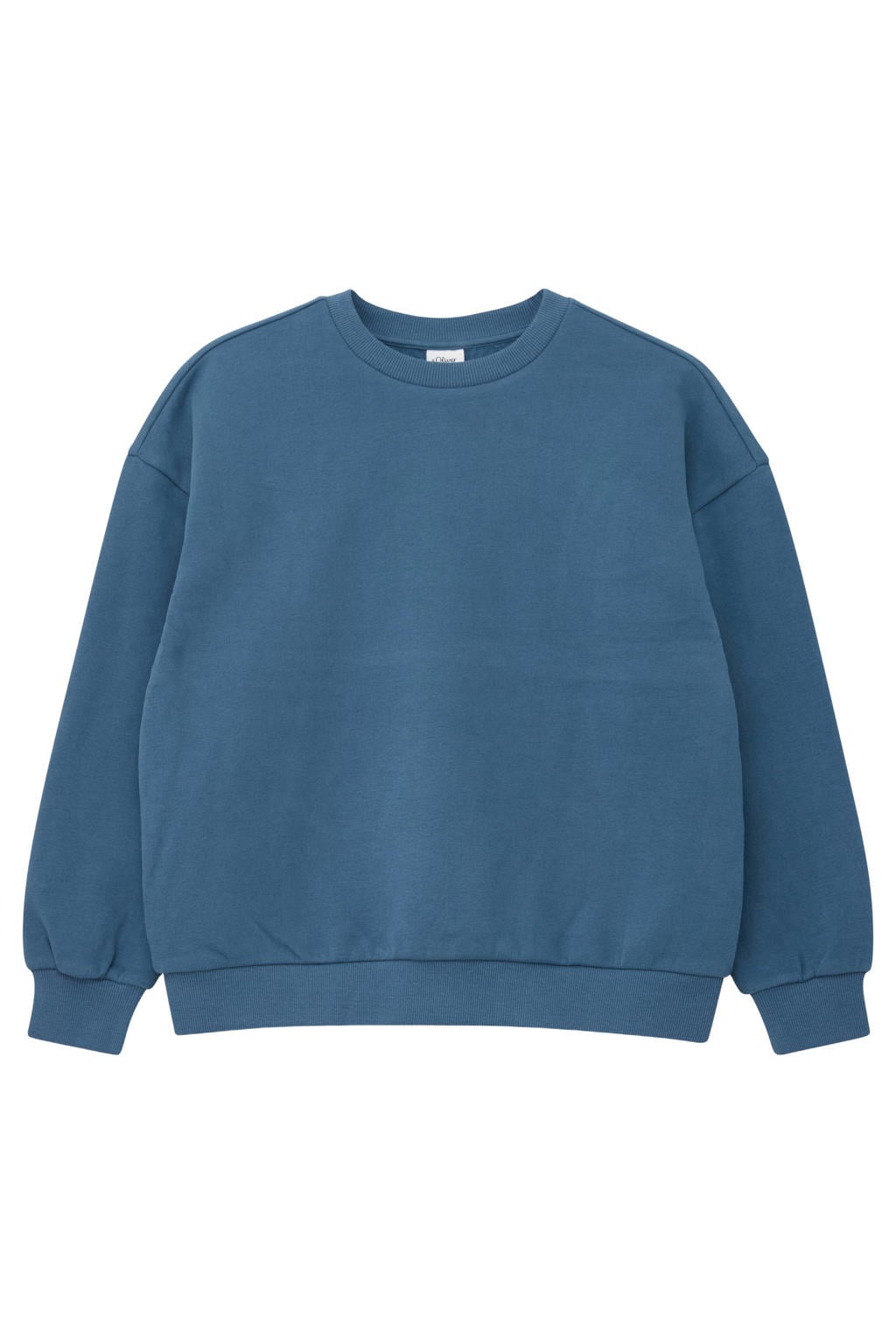 Blauwe jongens s.Oliver sweater met backprint, lange mouwen, ronde hals en geribde boorden