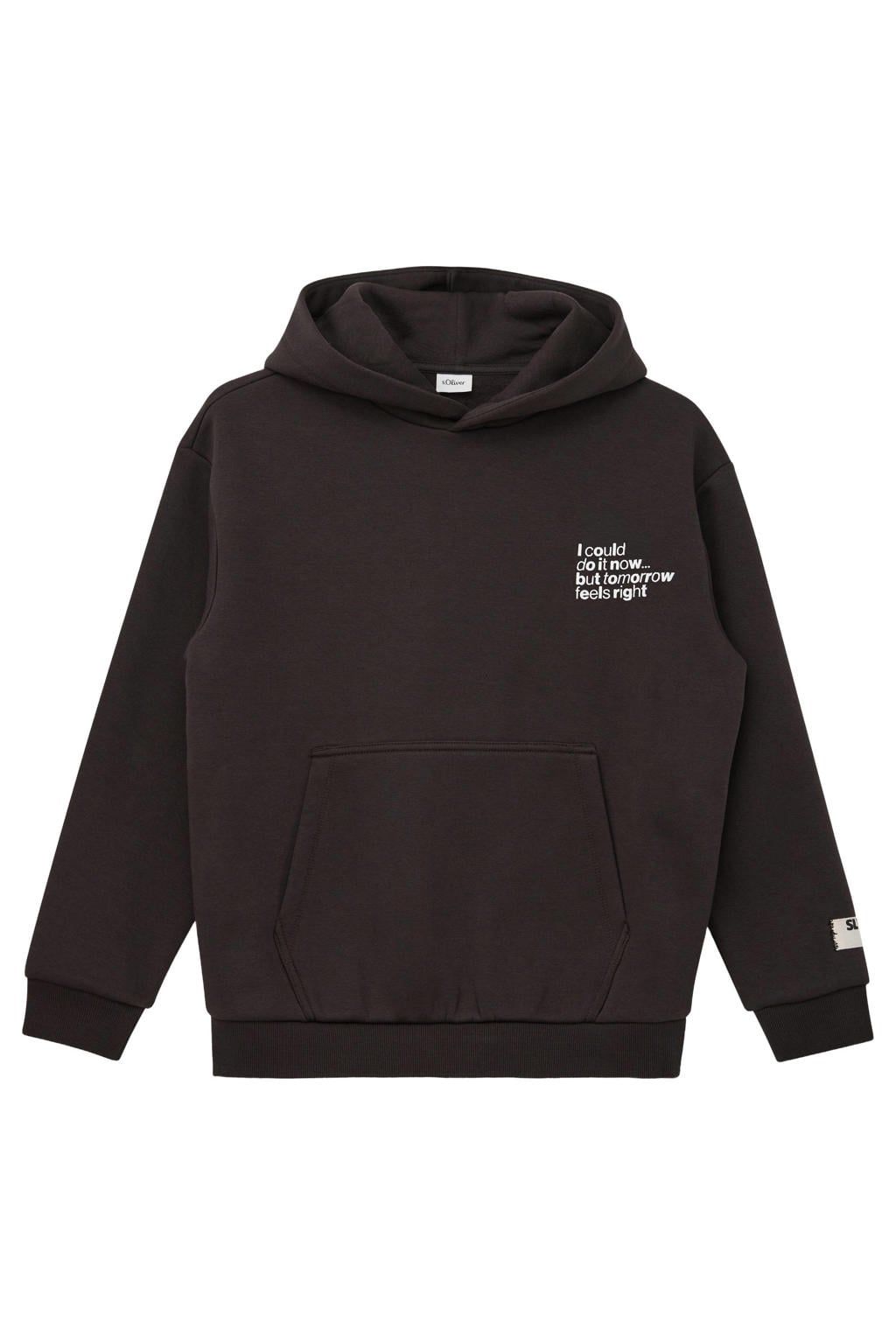Donkerblauwe jongens s.Oliver sweater met tekst print, lange mouwen en capuchon