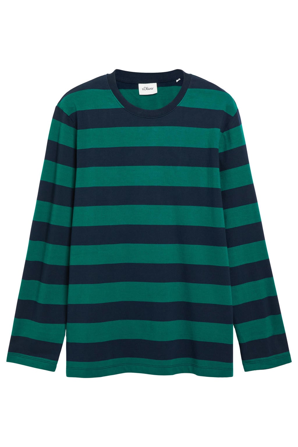 Donkergroene heren s.Oliver regular fit gestreepte longsleeve van katoen met lange mouwen, ronde hals en geribde boorden