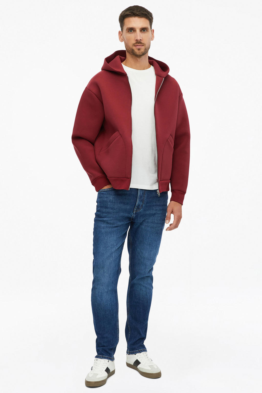 Rode heren s.Oliver sweatvest met effen, lange mouwen, capuchon, ritssluiting en geribde boorden