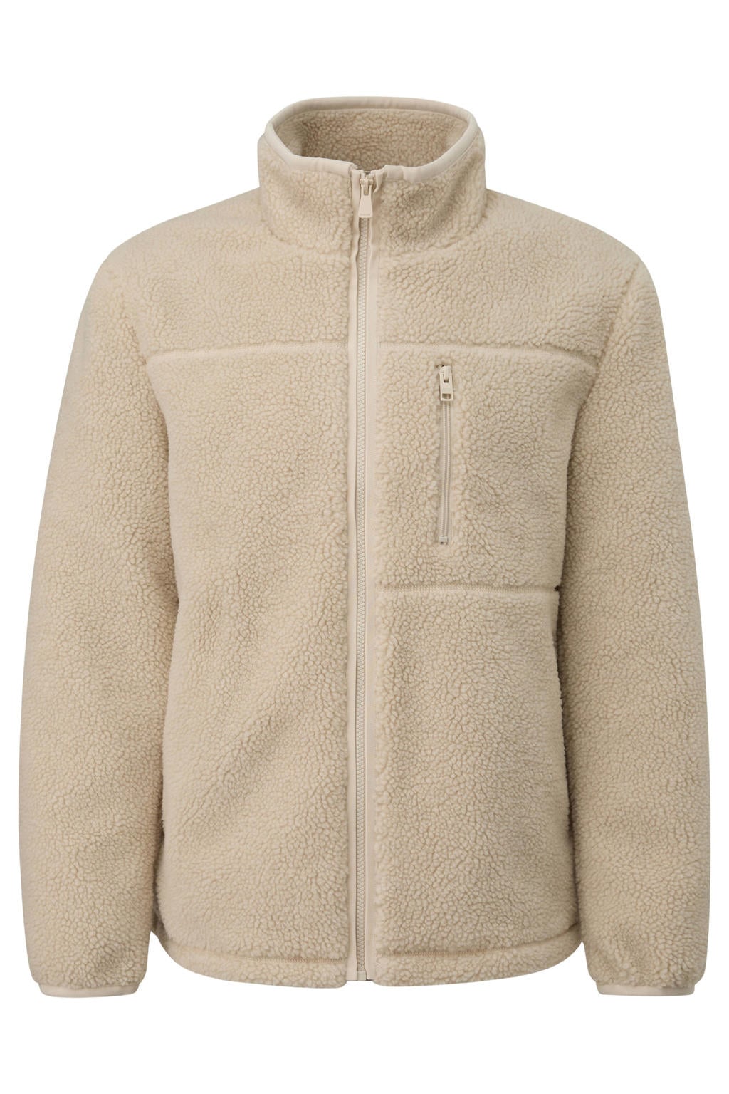 Beige heren s.Oliver Big Size teddy jas met effen, lange mouwen, opstaande kraag en textuur
