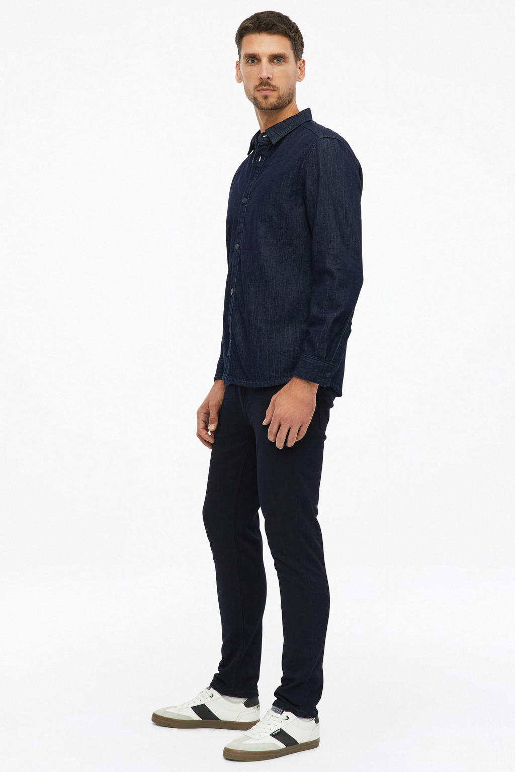 Donkerblauwe heren s.Oliver regular fit casual overhemd van denim met effen, lange mouwen en klassieke kraag