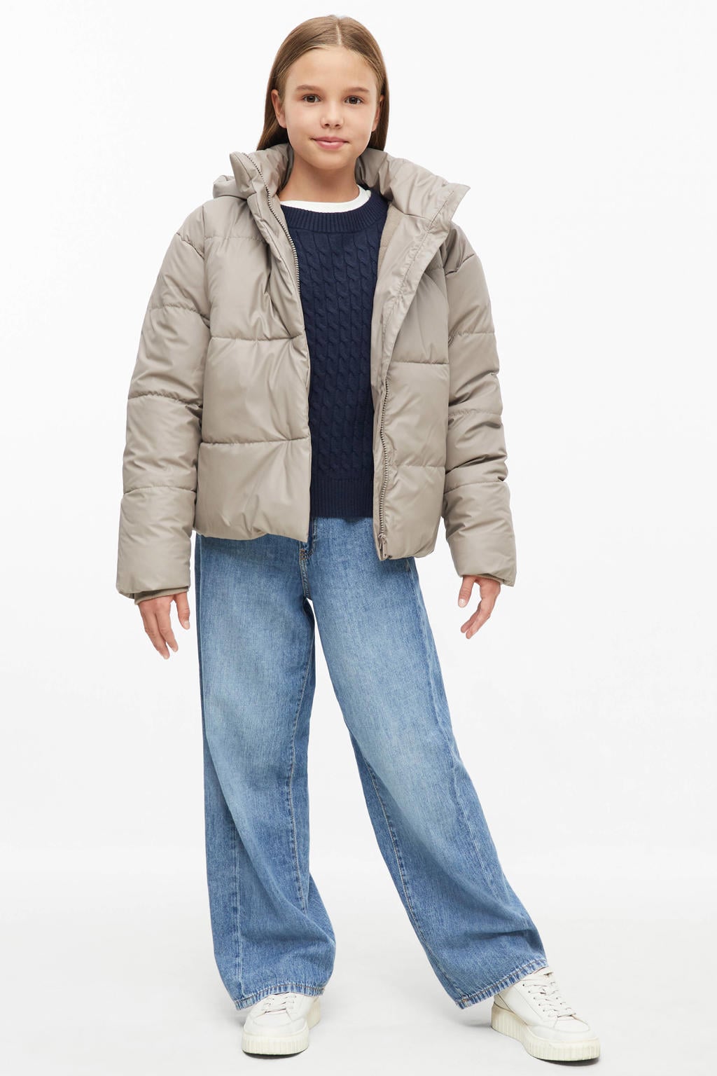 Taupe meisjes s.Oliver gewatteerde winterjas van polyester met effen, lange mouwen, capuchon en blinde ritssluiting