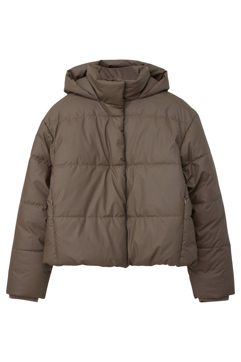 Taupe meisjes s.Oliver gewatteerde winterjas van polyester met effen, lange mouwen, capuchon en blinde ritssluiting