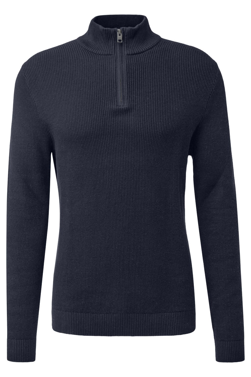 Donkerblauwe heren s.Oliver Big Size Plus Size katoenen regular fit gebreide trui zwart met lange mouwen en opstaande kraag