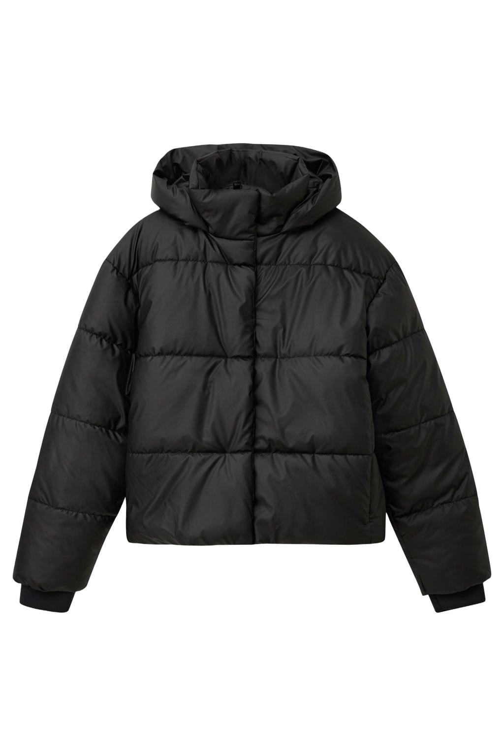 Zwarte meisjes s.Oliver gewatteerde winterjas van polyester met effen, lange mouwen, capuchon en blinde ritssluiting