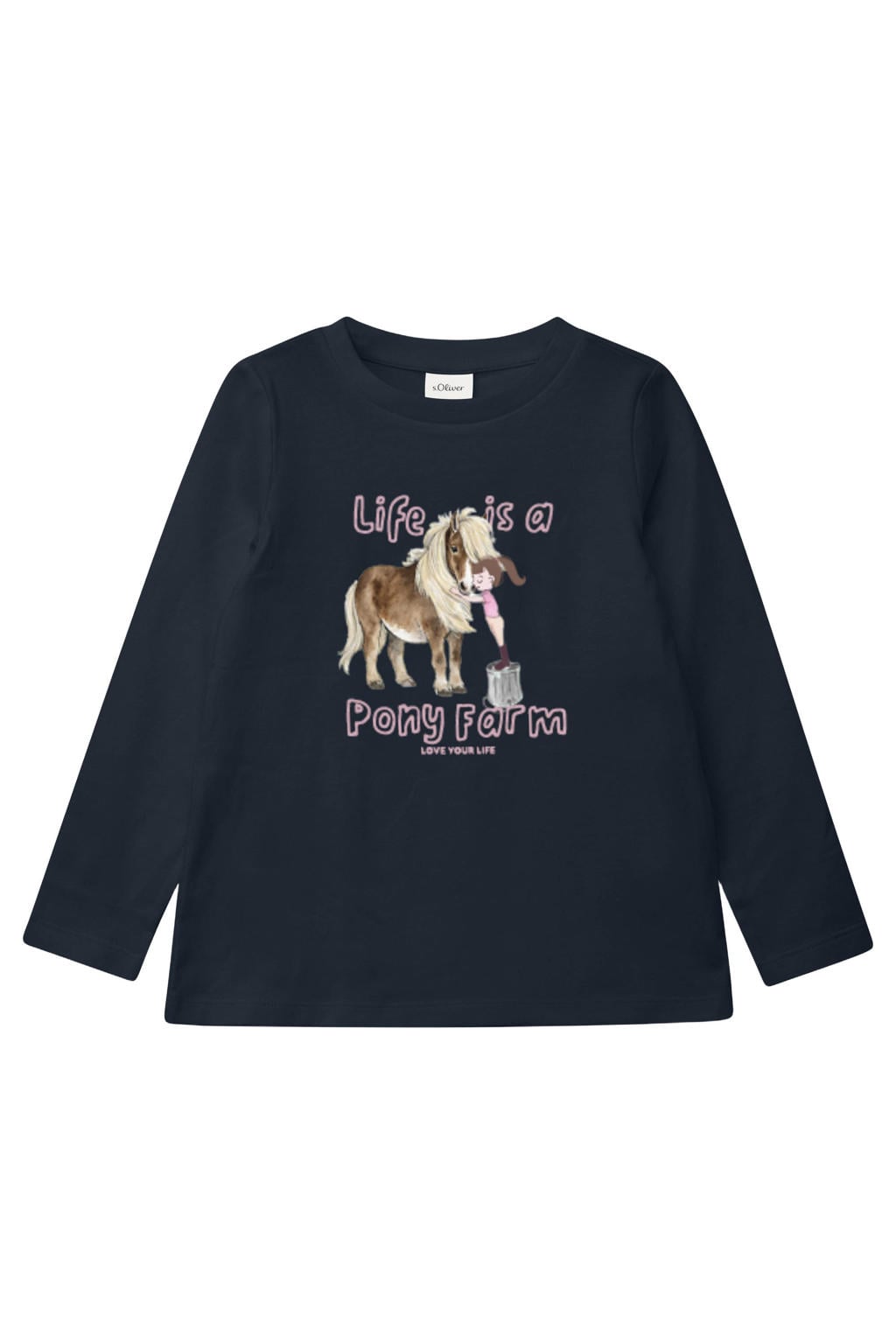 Marineblauw meisjes s.Oliver longsleeve blauw van katoen met printopdruk, lange mouwen en ronde hals