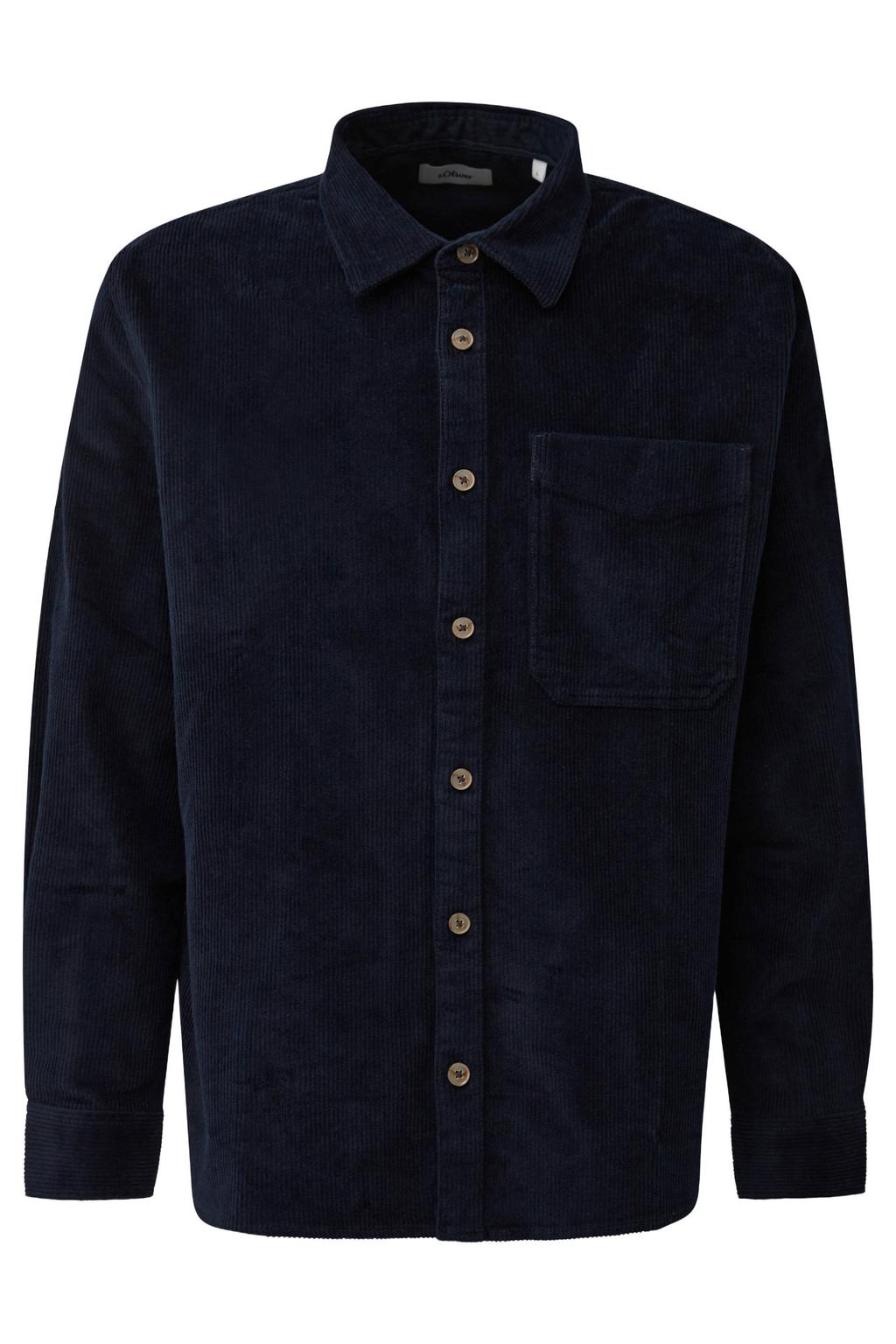 Donkerblauwe heren s.Oliver regular fit corduroy overshirt zwart met effen, lange mouwen en klassieke kraag