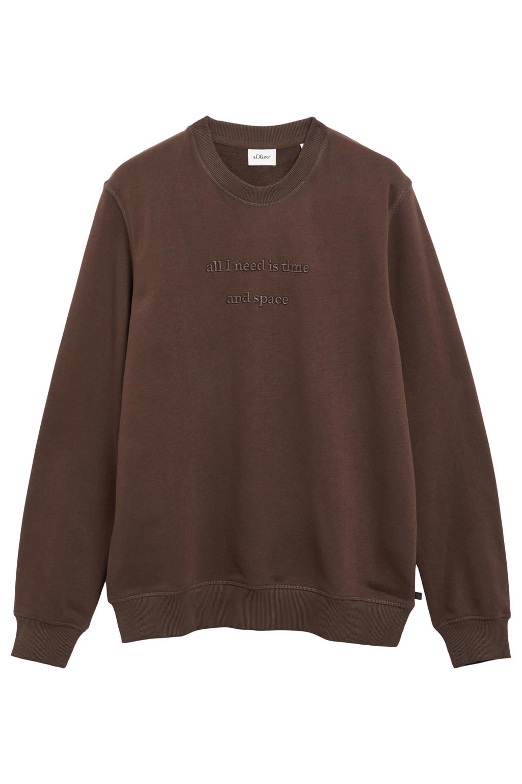 Bruine heren s.Oliver regular fit sweater met effen, lange mouwen, ronde hals en geribde boorden