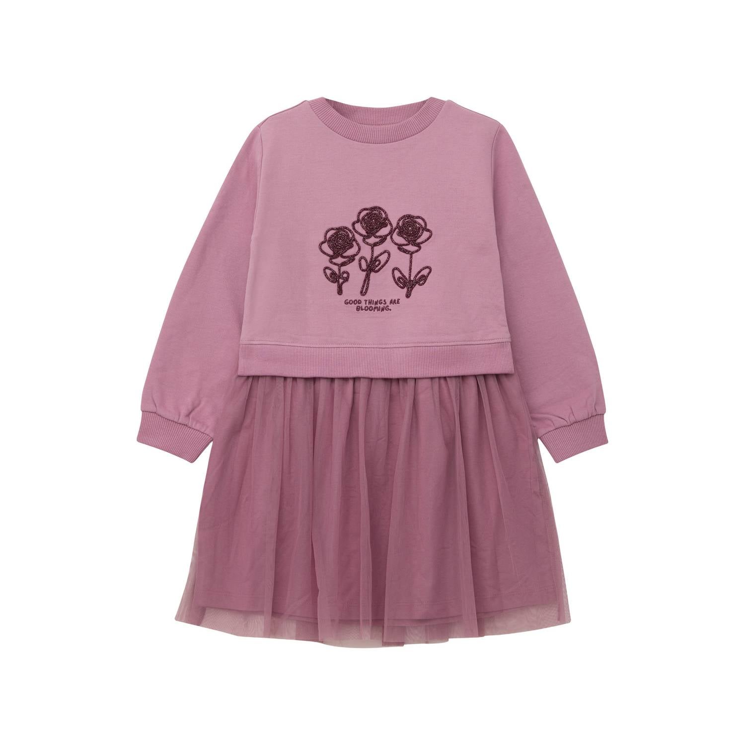 S.Oliver midi sweatjurk met glitters en tekst roze