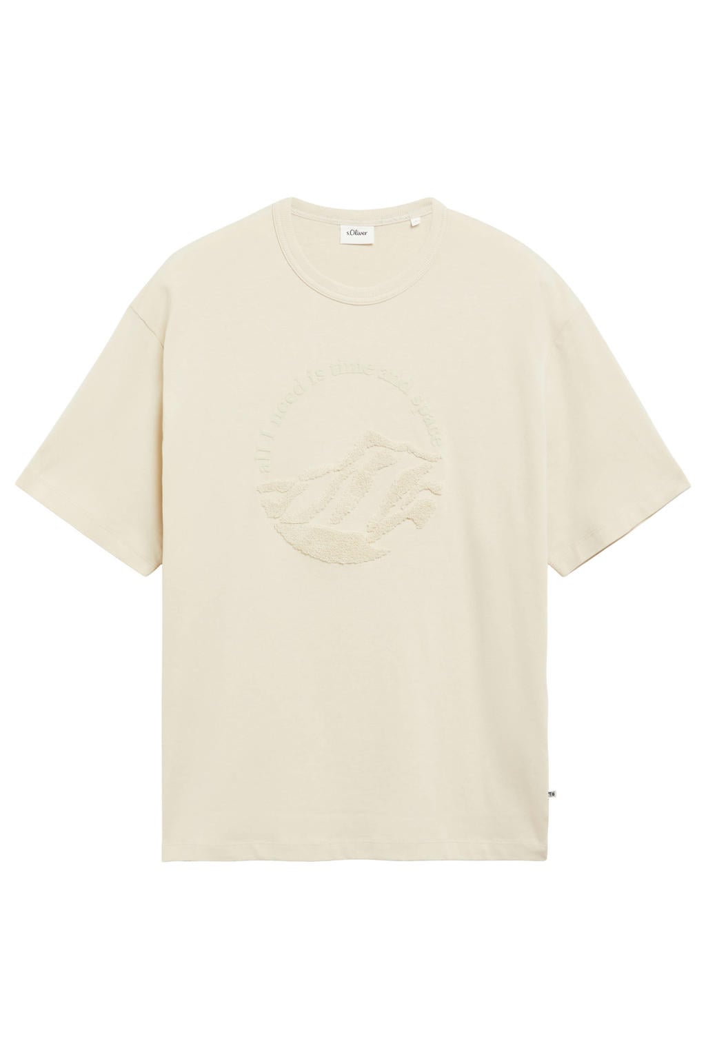 Beige heren s.Oliver relaxed fit T-shirt van katoen met effen, korte mouwen, ronde hals en 3D applicatie