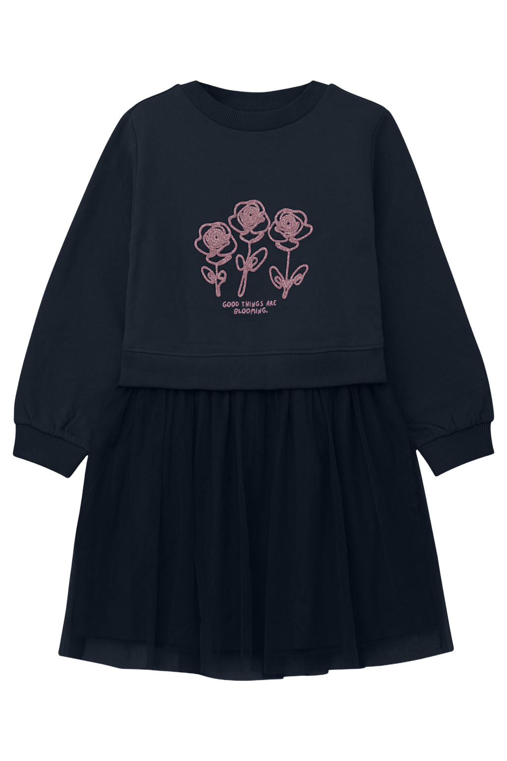 s.Oliver midi sweatjurk met tekst en glitters - donkerblauw