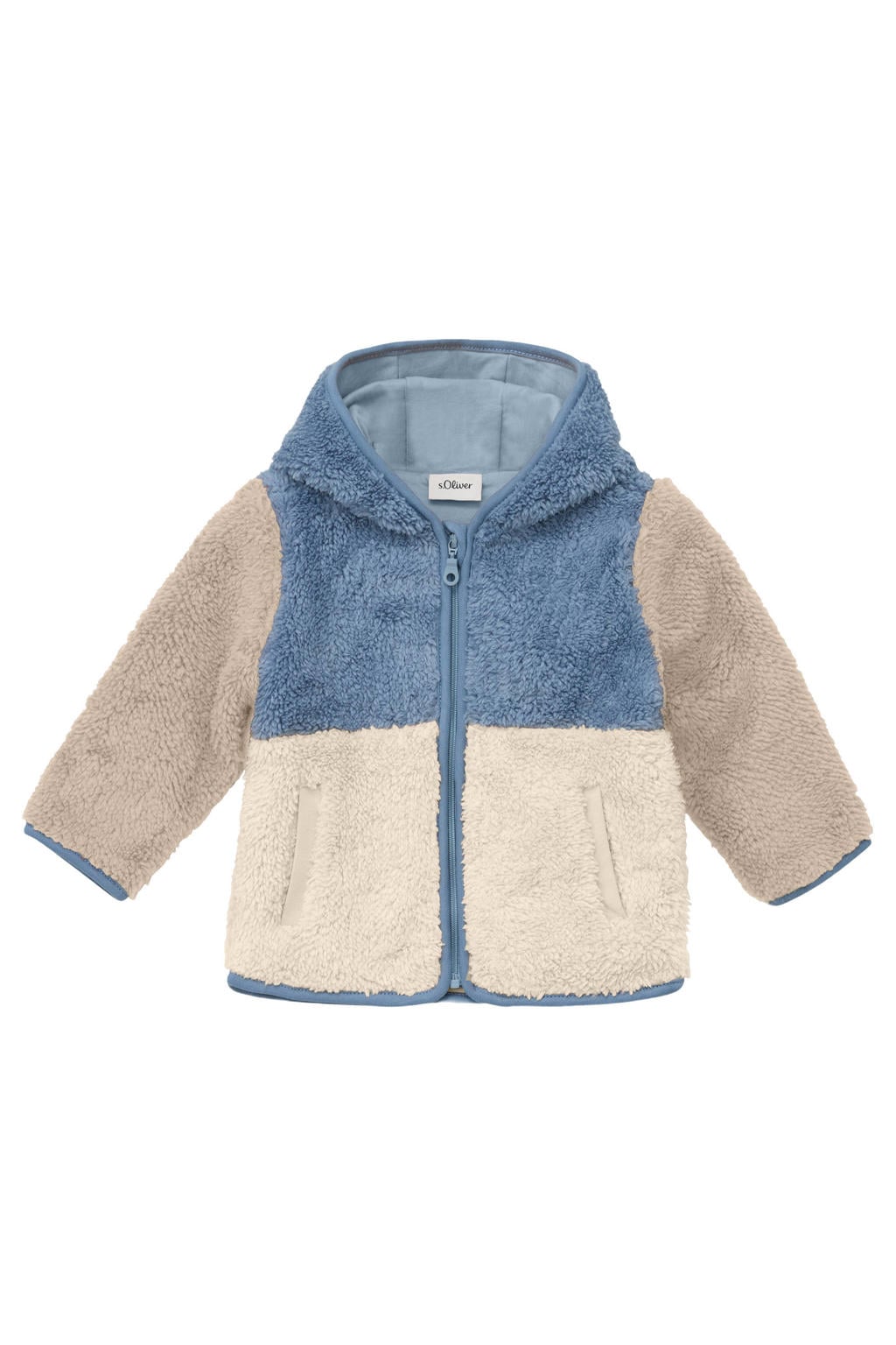 Beige en blauwe jongens s.Oliver van polyester met meerkleurige print, lange mouwen, capuchon en ritssluiting