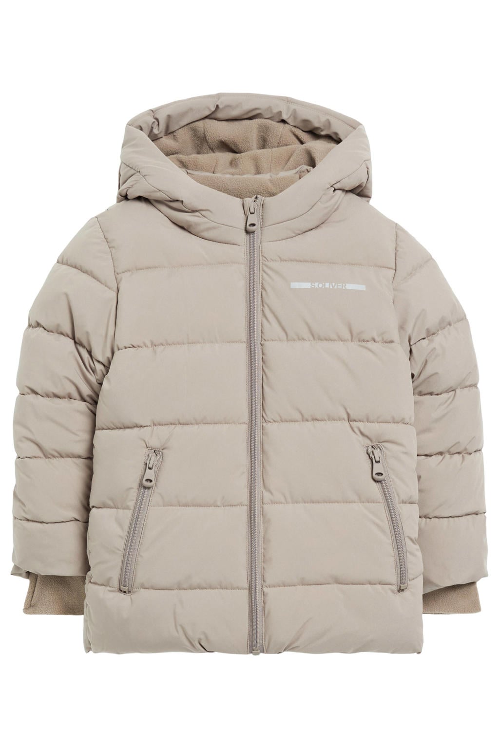 Zandkleurige jongens s.Oliver pufferjas van polyester met effen, lange mouwen, capuchon en ritssluiting
