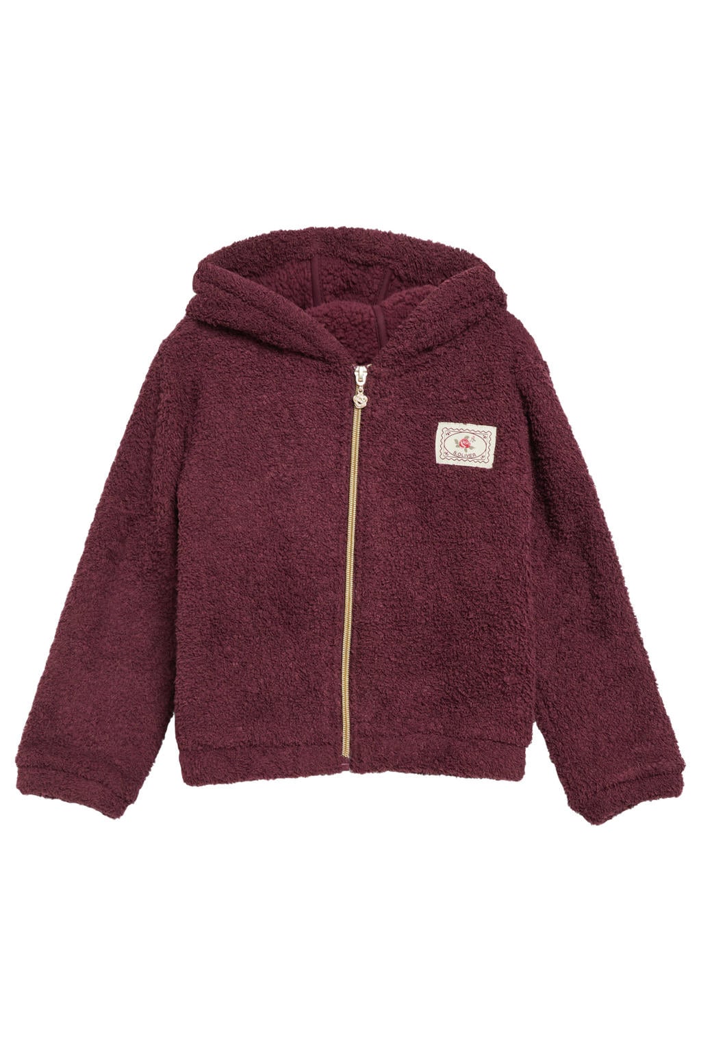 Aubergine meisjes s.Oliver teddy jas van polyester met effen, lange mouwen, capuchon, ritssluiting en patches