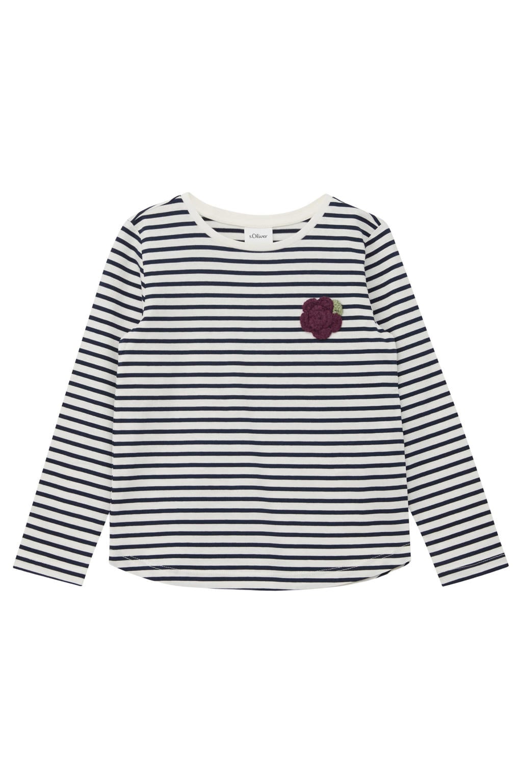 Ecru en donkerblauwe meisjes s.Oliver gestreepte longsleeve van katoen met lange mouwen, ronde hals en 3D applicatie