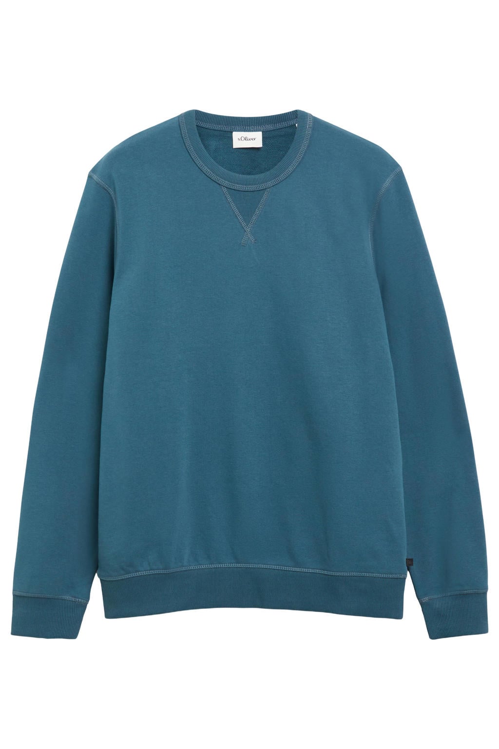 Blauwe heren s.Oliver regular fit trui van sweat materiaal met effen, lange mouwen, ronde hals en geribde boorden