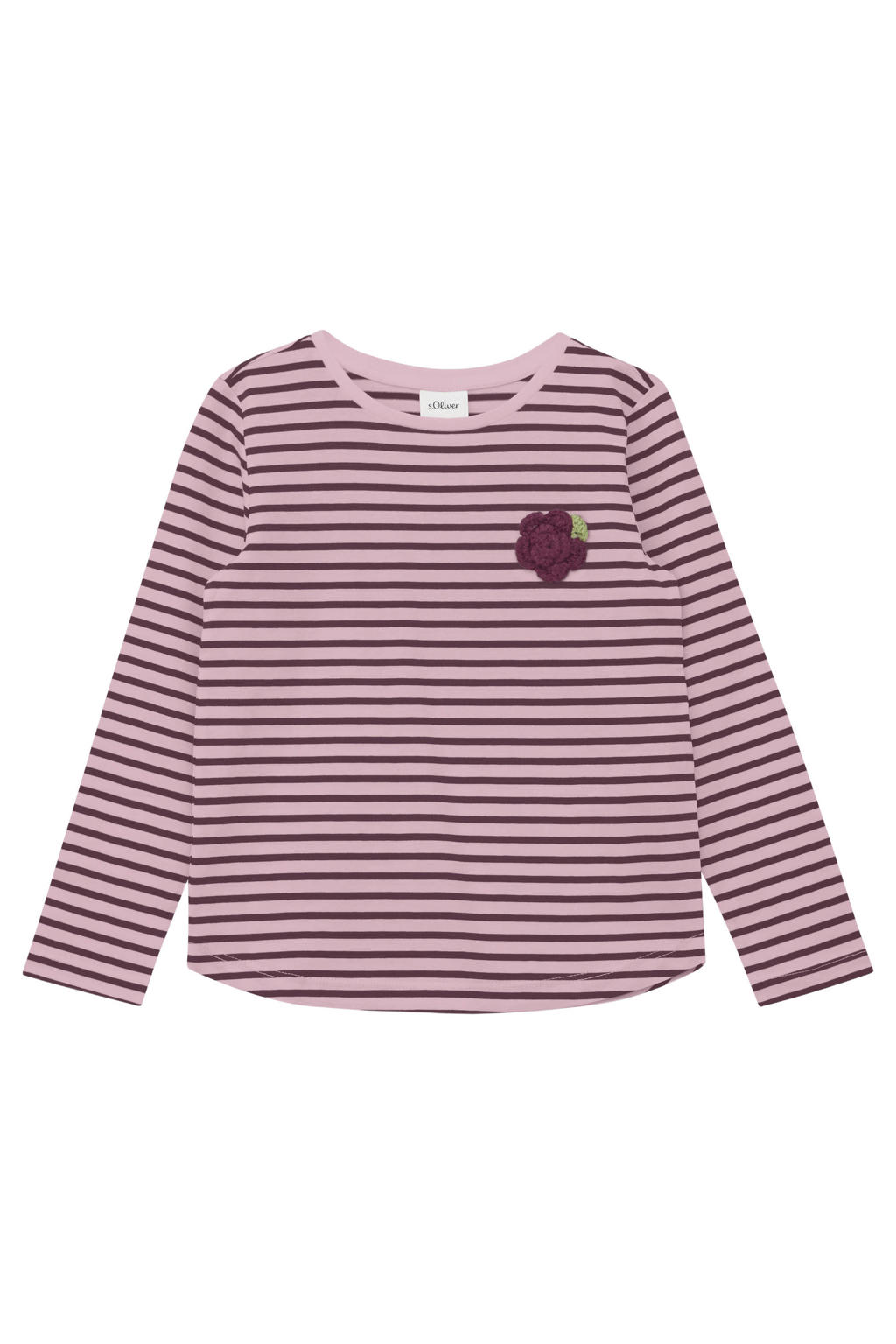 Roze en bruine meisjes s.Oliver gestreepte longsleeve van katoen met lange mouwen, ronde hals en 3D applicatie