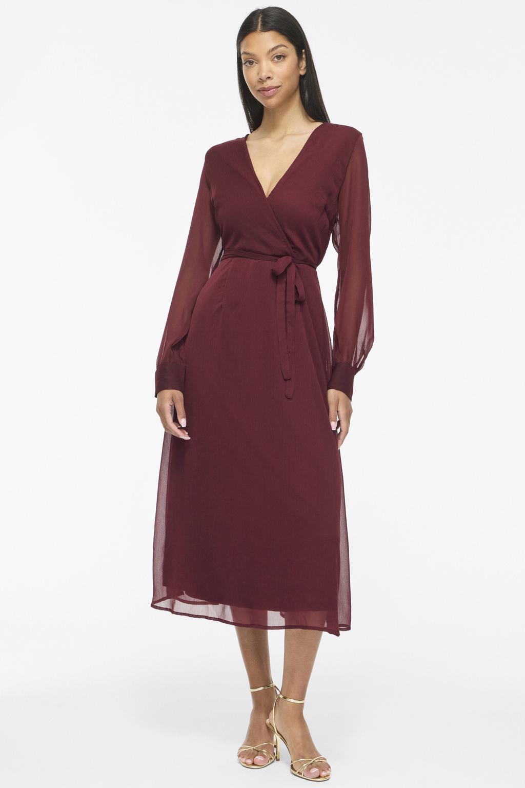 Donkerrode dames VILA semi-transparante midi jurk van polyester met effen, lange mouwen en V-hals