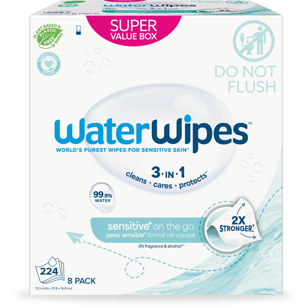 WaterWipes Sensitive On The Go Doekjes – 224 stuks (8 verpakkingen)