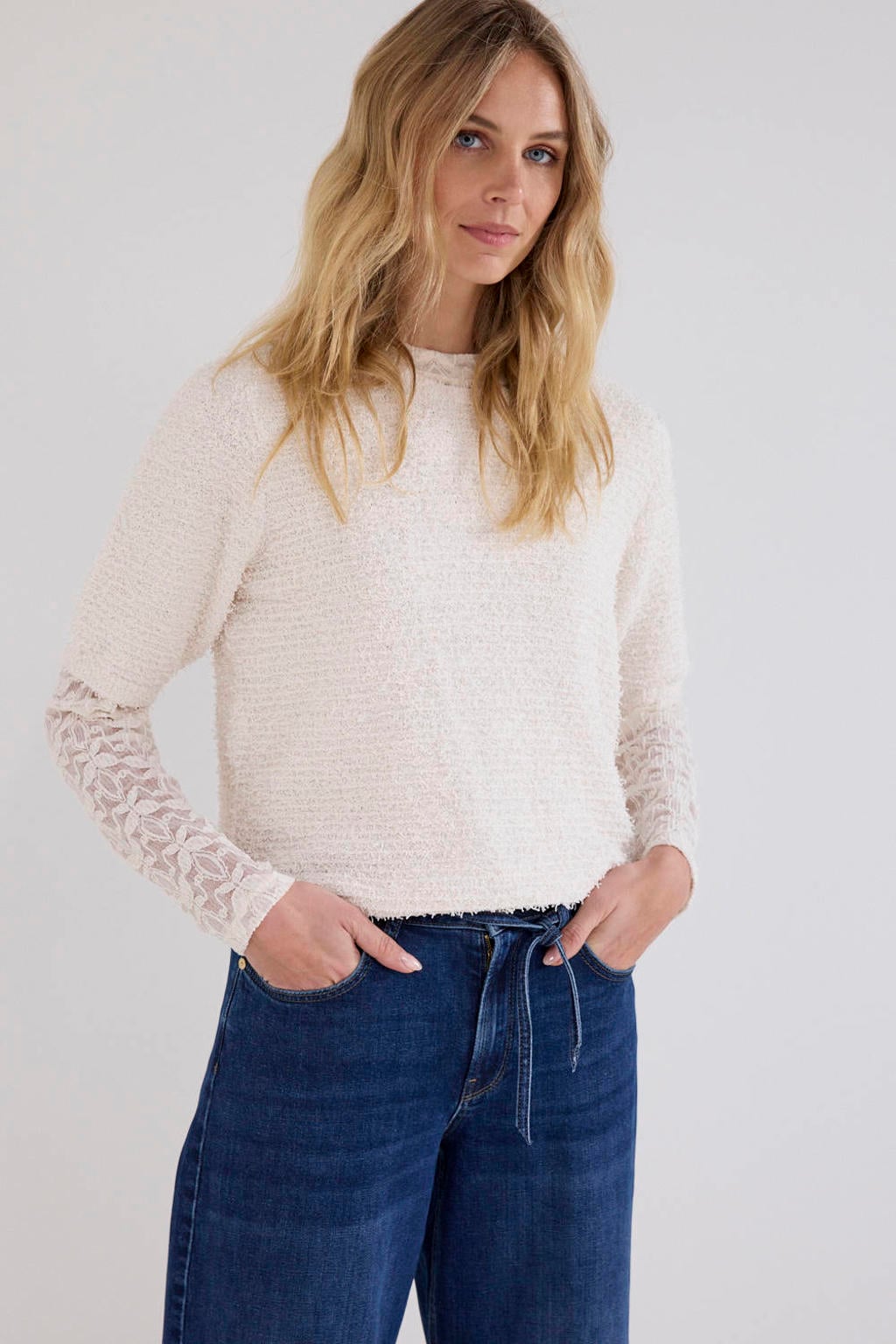 Ecru dames Tramontana top van polyester met effen, korte mouwen en ronde hals