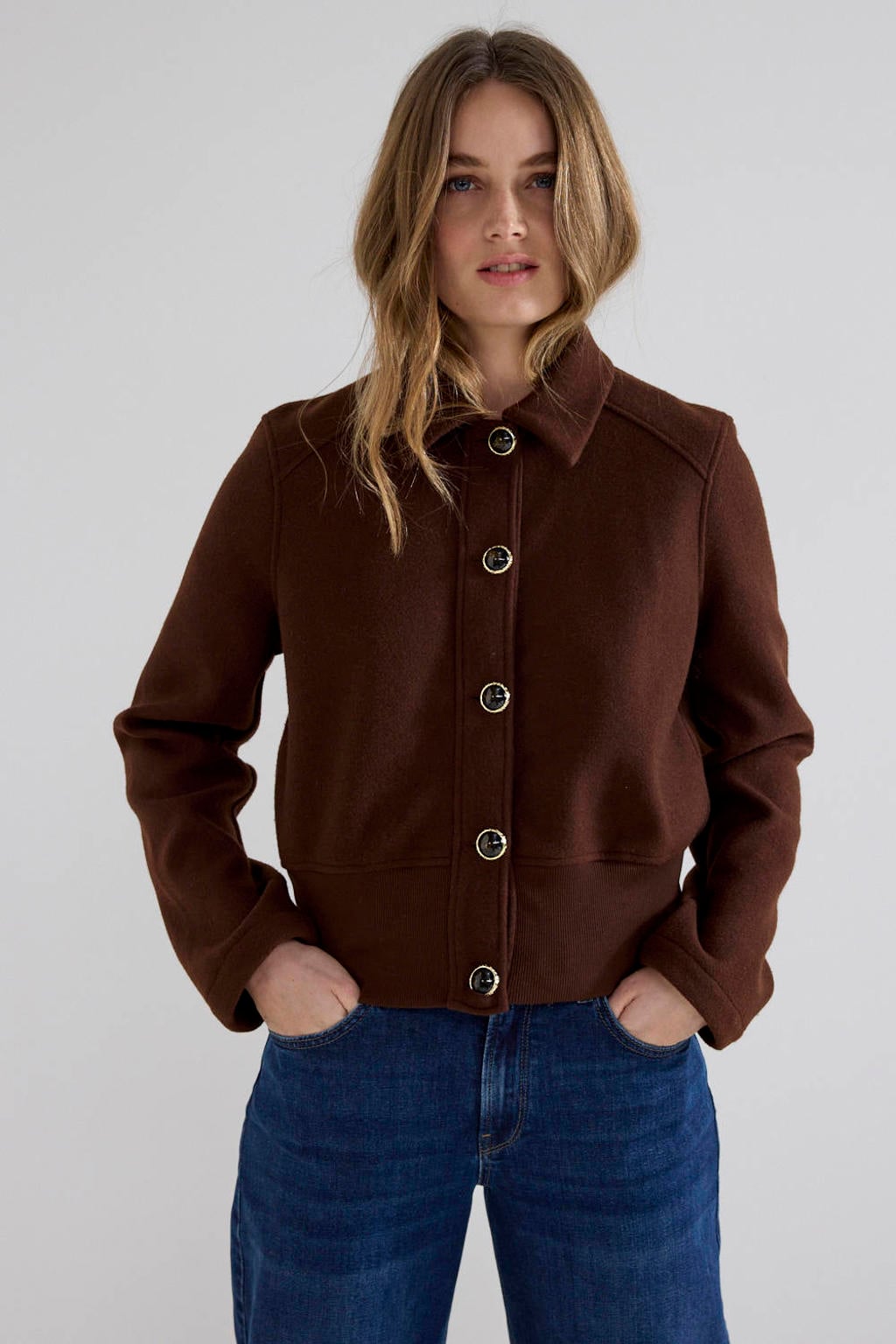 Bruine dames Tramontana jasje van polyester met effen, lange mouwen, klassieke kraag en knoopsluiting