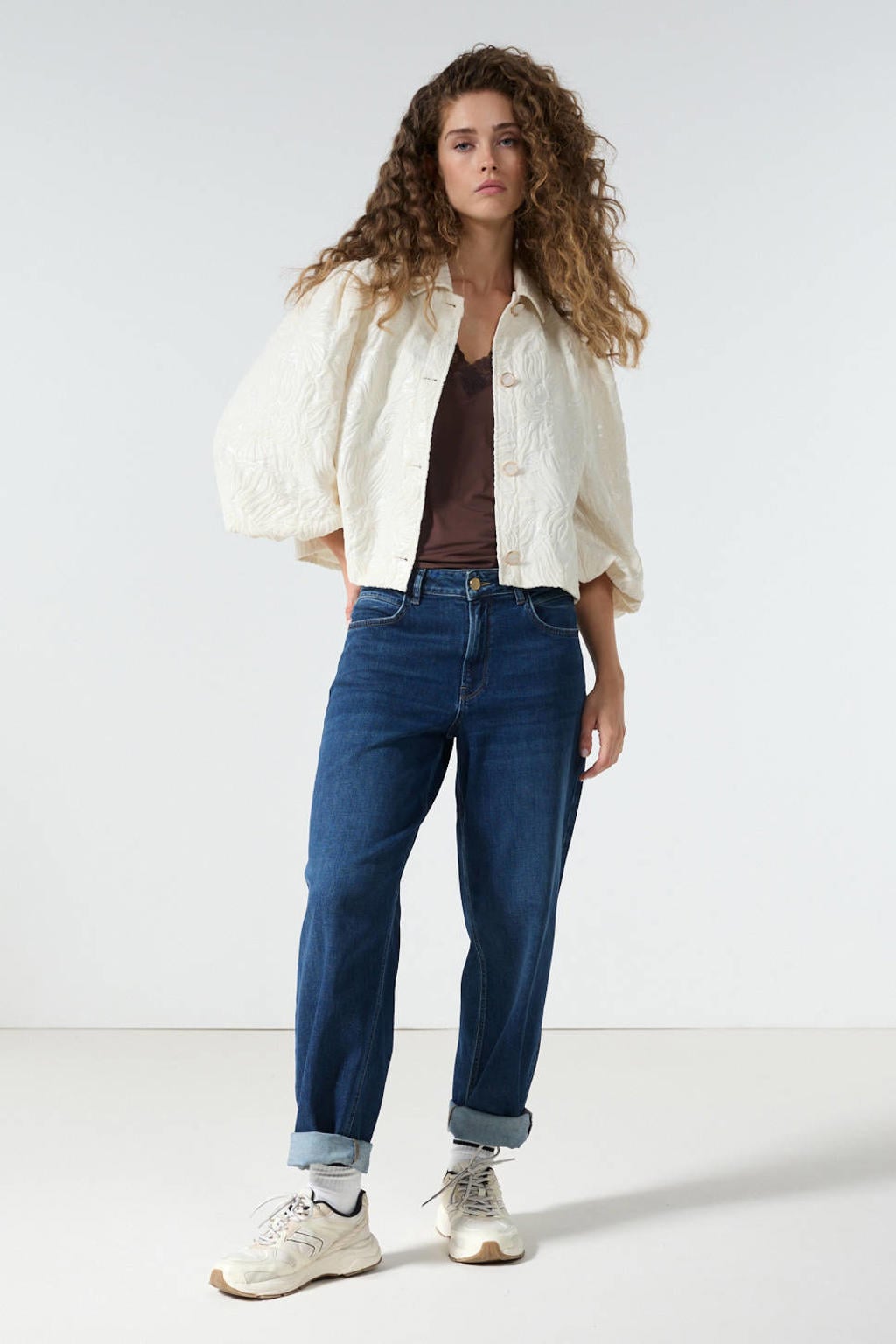Dark blue denim dames Tramontana high waist barrel jeans van denim met rits- en knoopsluiting en effen