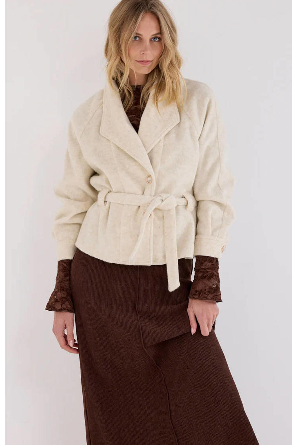 Beige dames Tramontana gemêleerde getailleerde blazer van polyester met melée print, lange mouwen, reverskraag en knoopsluiting