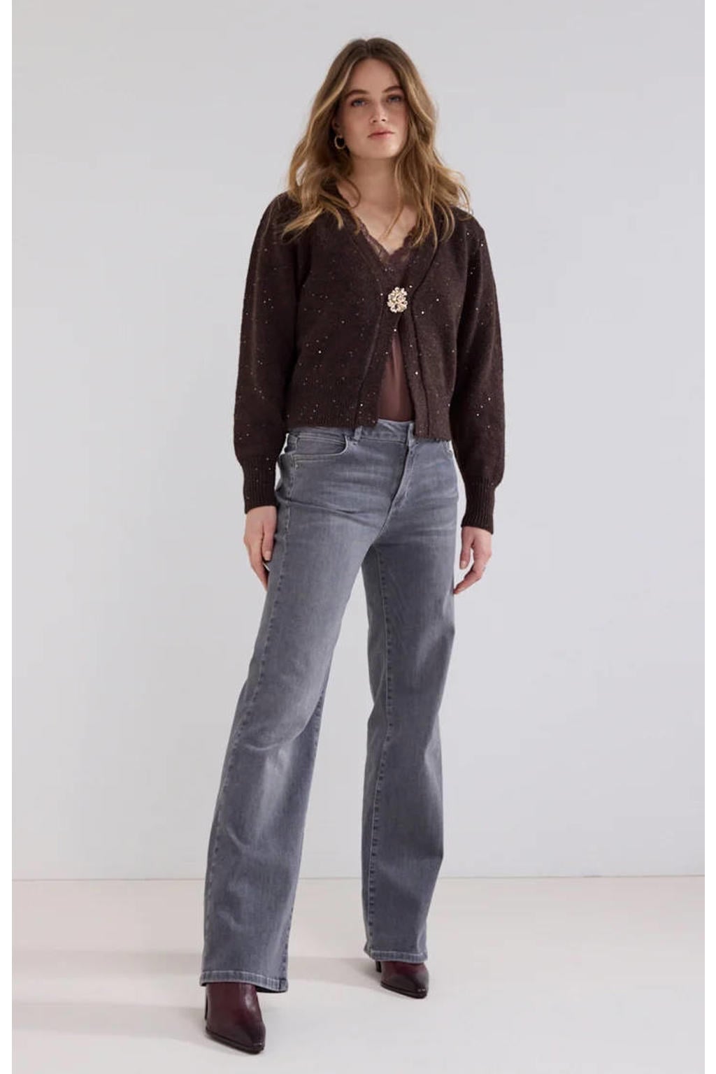 Bruine dames Tramontana gebreid gemêleerd vest met melée print, lange mouwen, V-hals en knoopsluiting