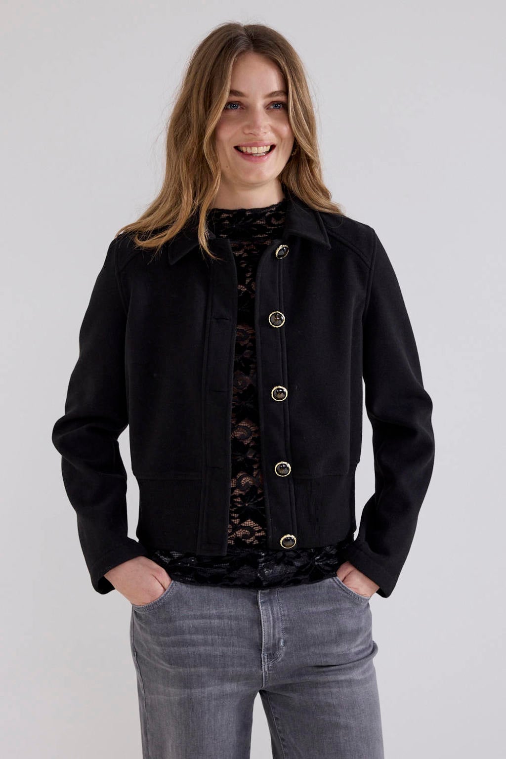 Zwarte dames Tramontana jas van polyester met effen, lange mouwen en knoopsluiting