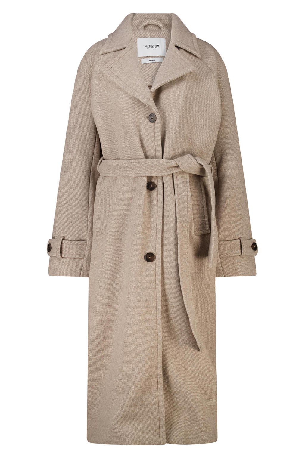 Beige dames America Today gemêleerde wintermantel en wol met lange mouwen, reverskraag en ceintuur