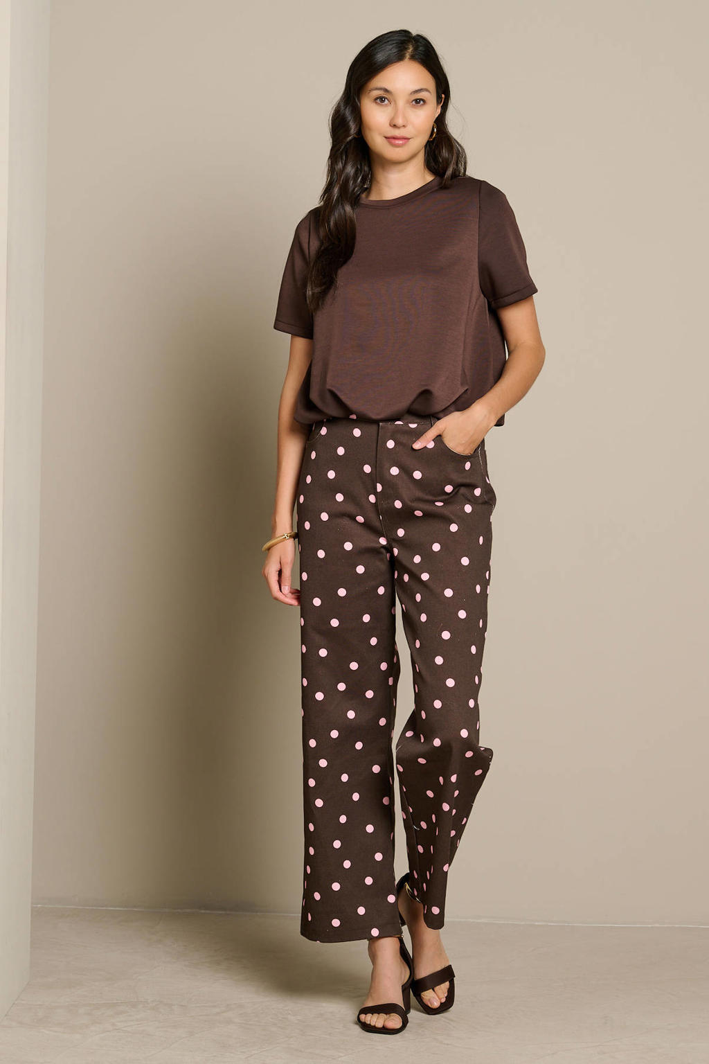 Bruine dames LOLALIZA T-shirt van polyester met effen, driekwart mouwen en ronde hals