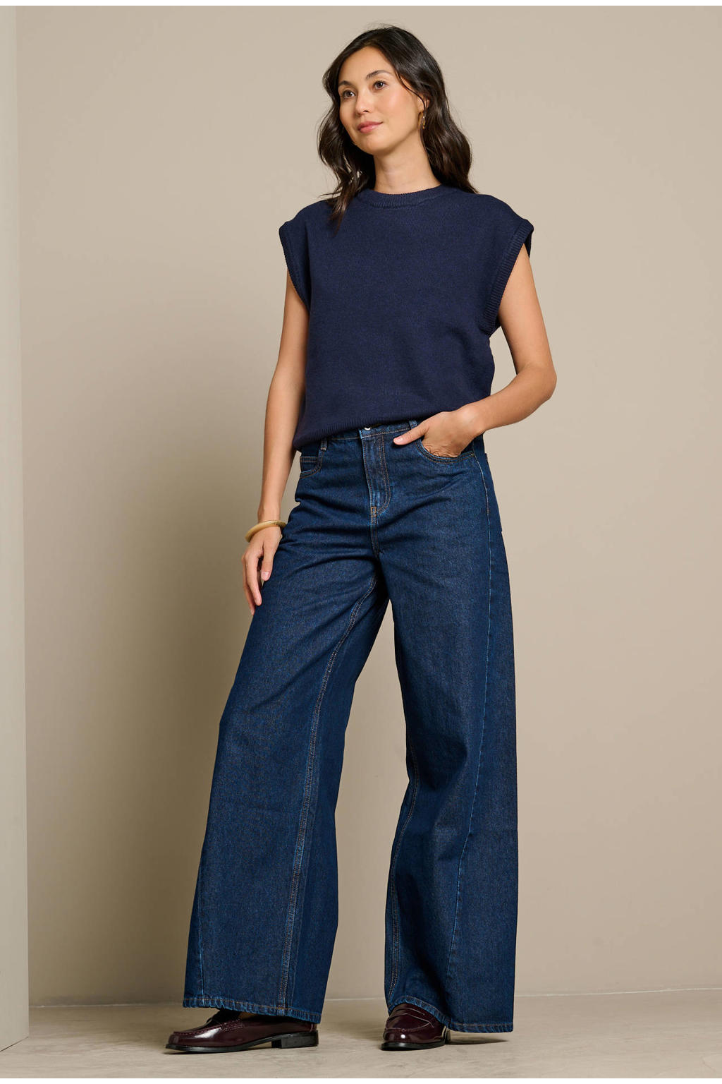 Dark blue denim dames LOLALIZA wide leg jeans van denim met rits- en knoopsluiting en effen