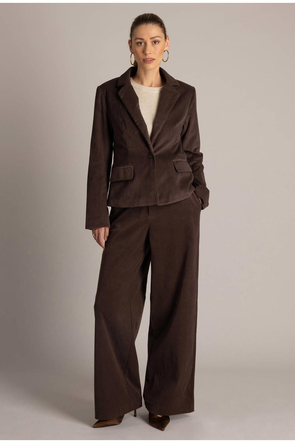 Yest regular blazer met corduroy details - bruin