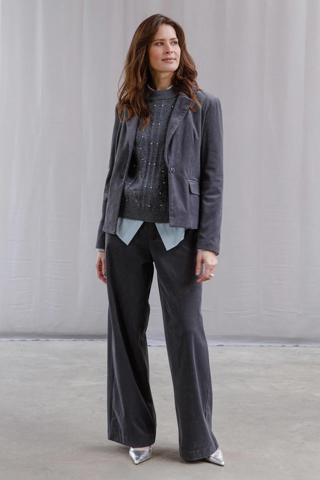 Yest regular blazer met corduroy details - grijsblauw