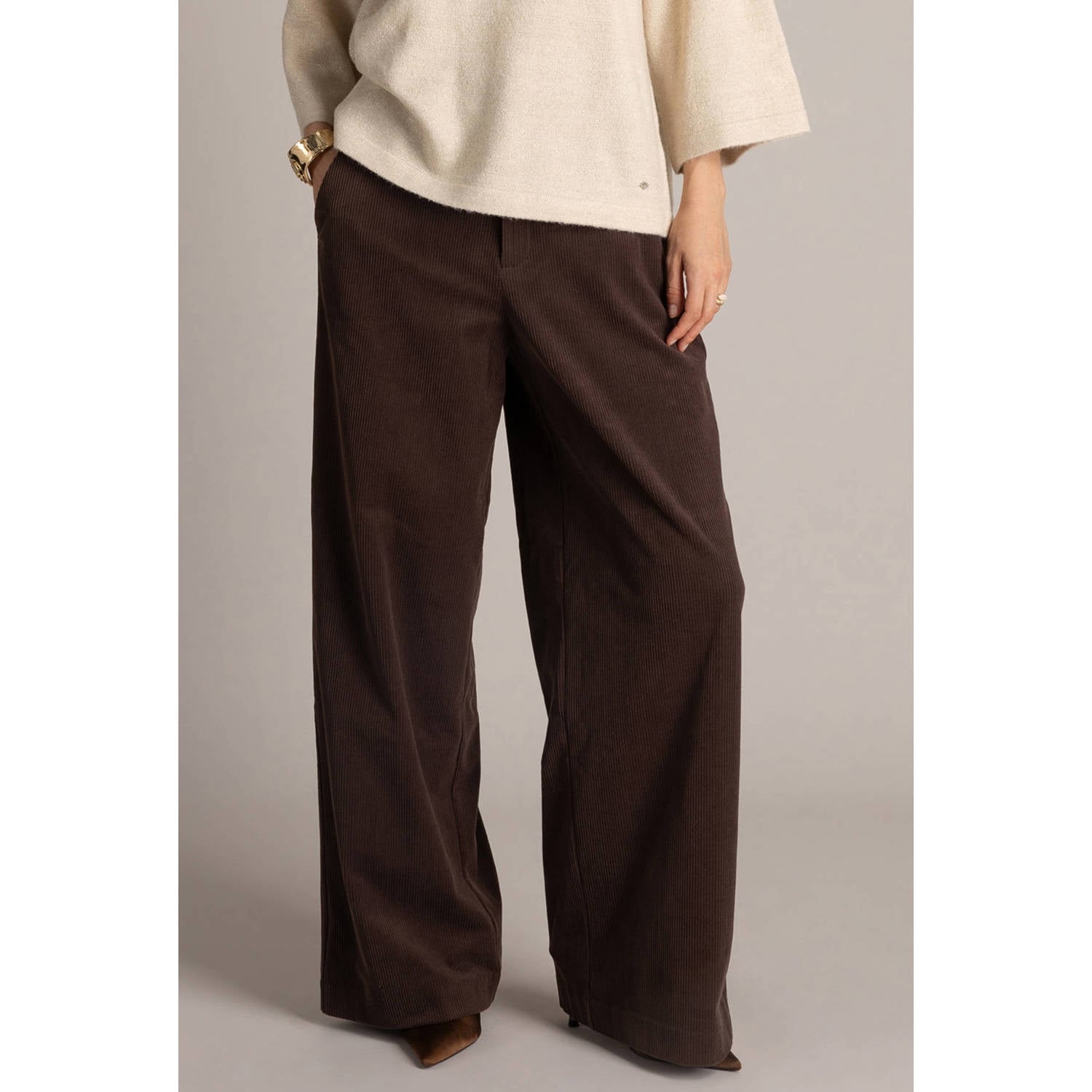Yest wide leg broek met corduroy details bruin