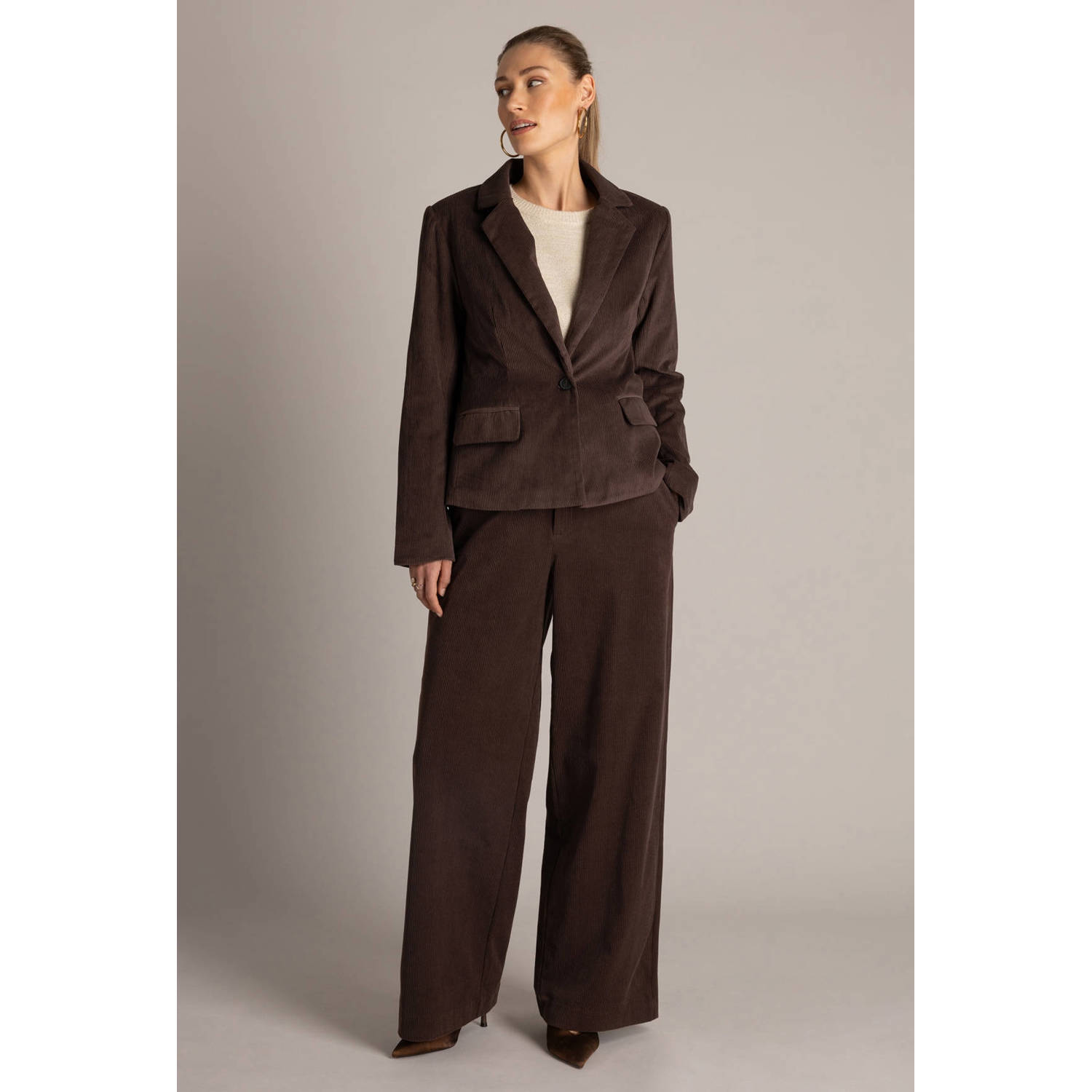 Yest wide leg broek met corduroy details bruin