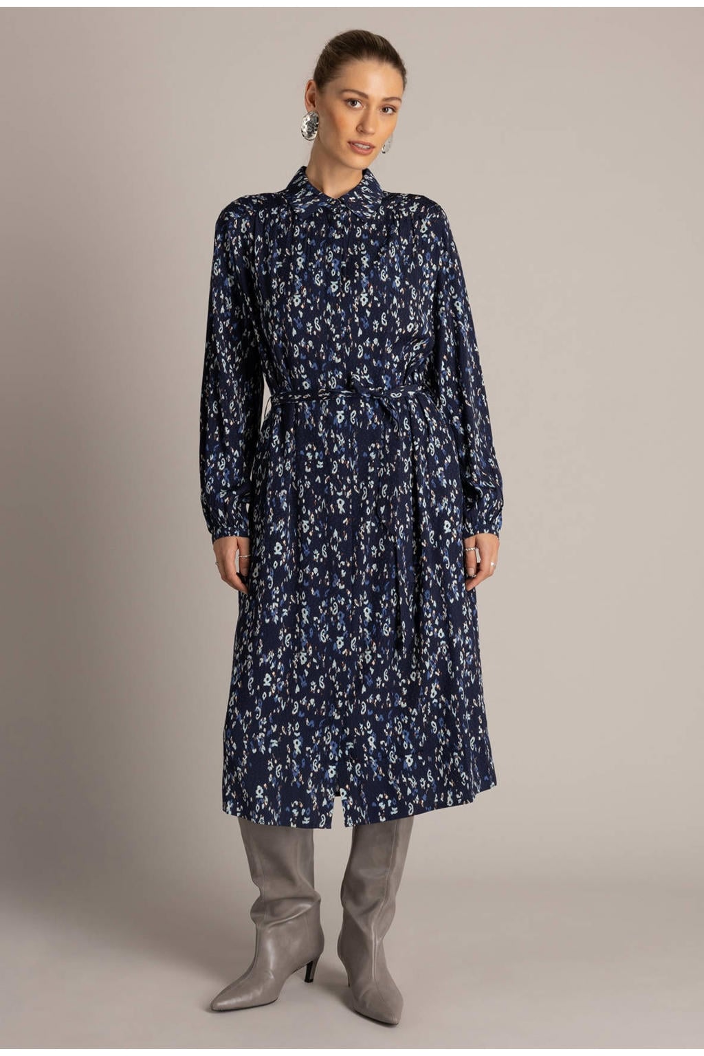 Yest coljurk met ceintuur en print - donkerblauw