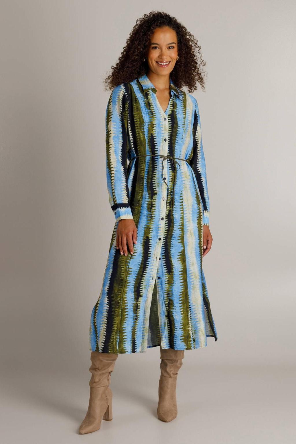 Blauw en groene dames Ivy Beau jurk ceintuur met print van viscose met lange mouwen, klassieke kraag en knoopsluiting